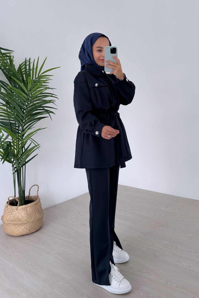 Kuşak Detay Modern İkili Scuba Takım - Lacivert Kuşak Detay Modern İkili Scuba Takım - Lacivert