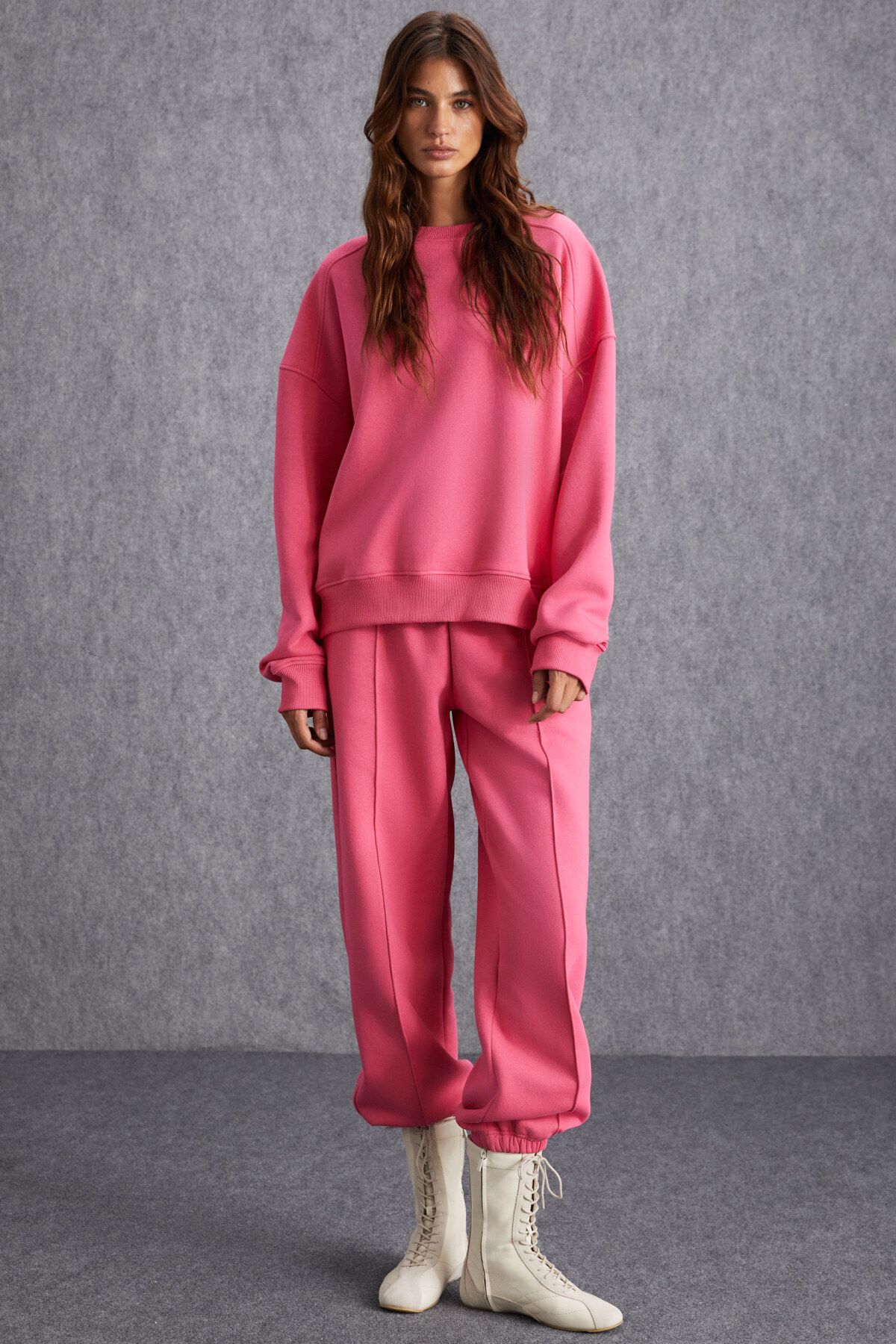 Nordıa Kadın Organik Pamuk 3 Iplik Örme Oversize Pembe Sweatshirt