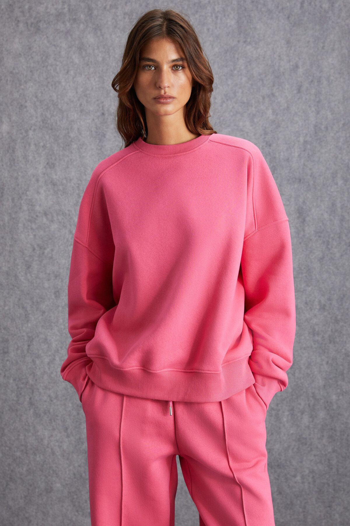 Nordıa Kadın Organik Pamuk 3 Iplik Örme Oversize Pembe Sweatshirt