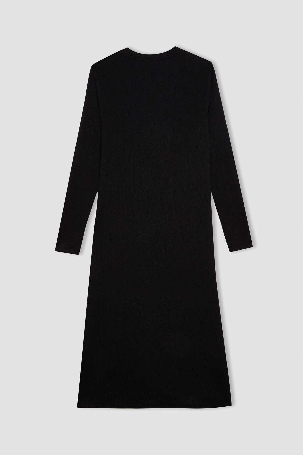 Regular Fit Bisiklet Yaka Basic Düz Beli Bağlamalı Bürümcük Uzun Kollu Siyah Elbise D6553AX24WN