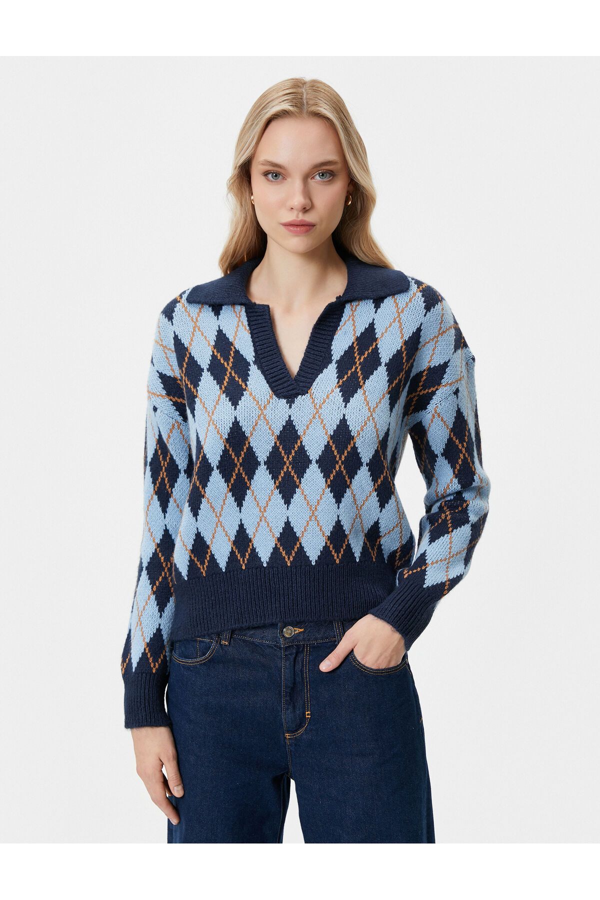Oversize Kazak Polo Yaka Baklava Desenli Oversize Kazak Polo Yaka Baklava Desenli