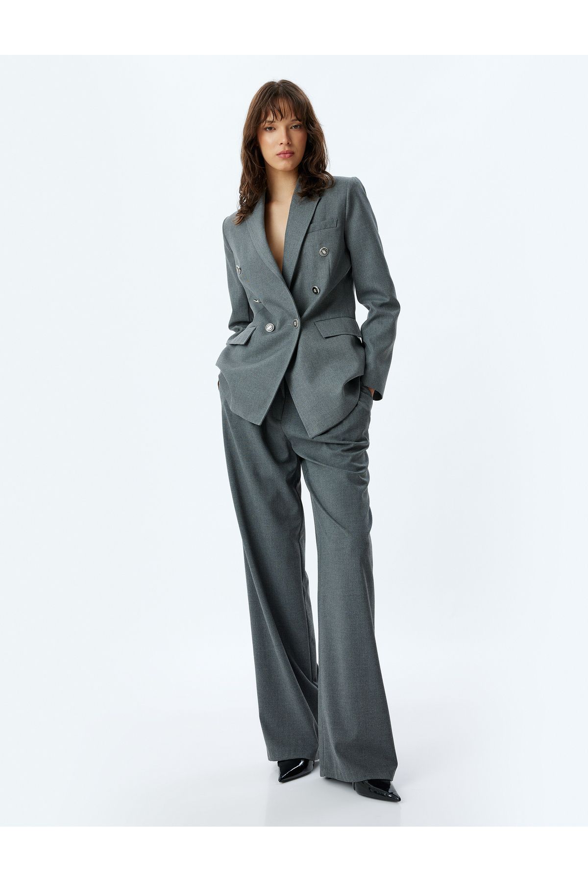 Kruvaze Blazer Ceket Kalça Boy Kapaklı Çift Cep Kruvaze Blazer Ceket Kalça Boy Kapaklı Çift Cep