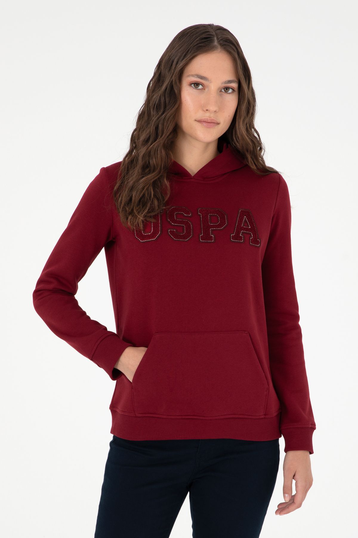 Kadın Bordo Basic Kapüşonlu Sweatshirt 50296931-vr014