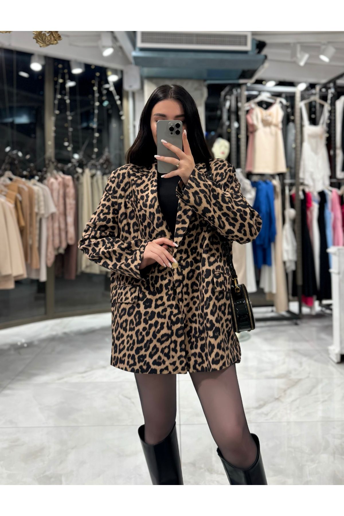 Morni Leopar Desenli Oversize Boyfriend Kesim Blazer