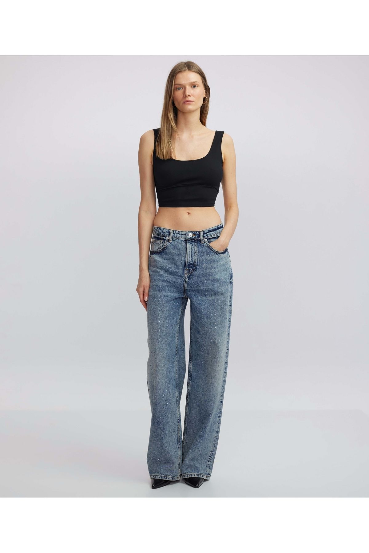 Hotfix baskılı wide leg fit jean pantolon