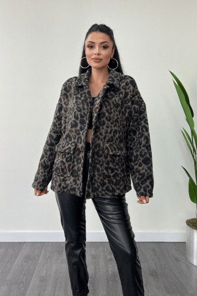 Leopar Desenli Kaşe Kumaş Kaban - KAHVERENGİ Leopar Desenli Kaşe Kumaş Kaban - KAHVERENGİ