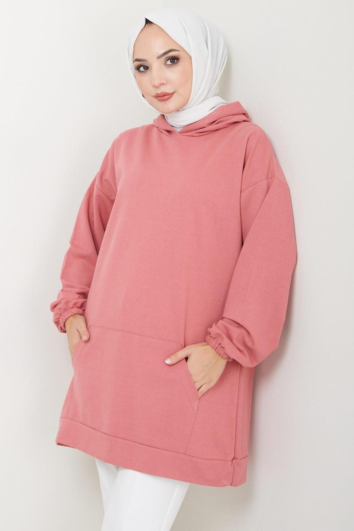 Kanguru Cepli Kapüşonlu Sweatshirt Tunik Gül Kurusu HM2510 Kanguru Cepli Kapüşonlu Sweatshirt Tunik Gül Kurusu HM2510