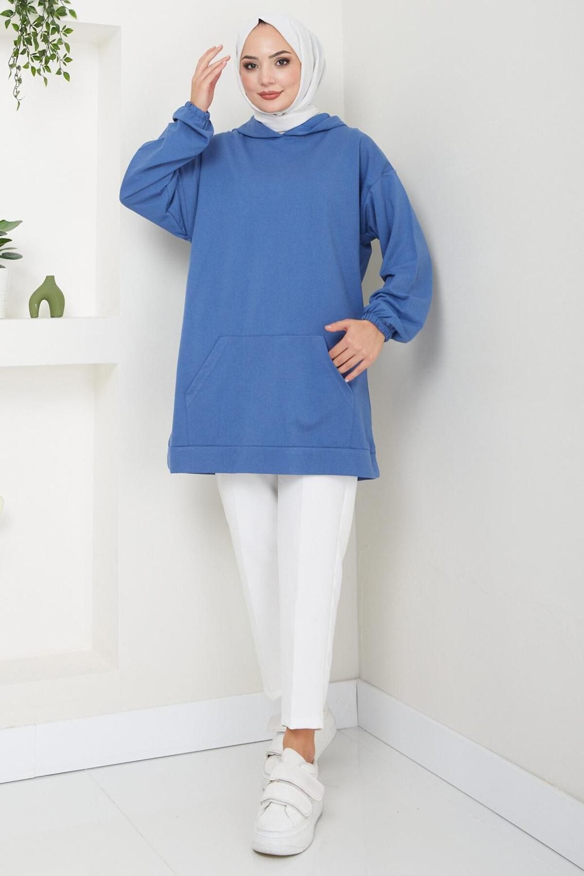 Kanguru Cepli Kapüşonlu Sweatshirt Tunik İndigo HM2510