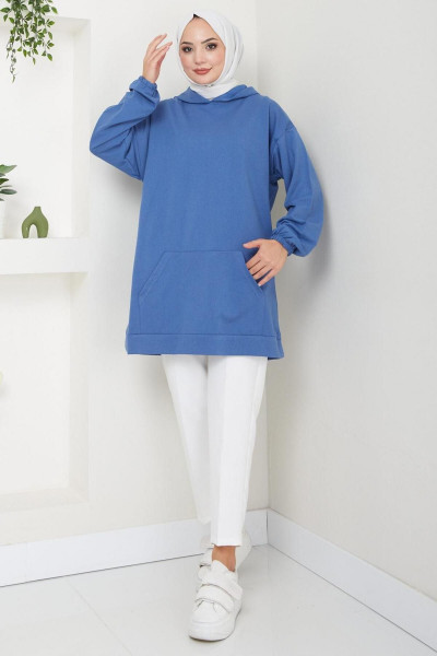 Kanguru Cepli Kapüşonlu Sweatshirt Tunik İndigo HM2510 Kanguru Cepli Kapüşonlu Sweatshirt Tunik İndigo HM2510