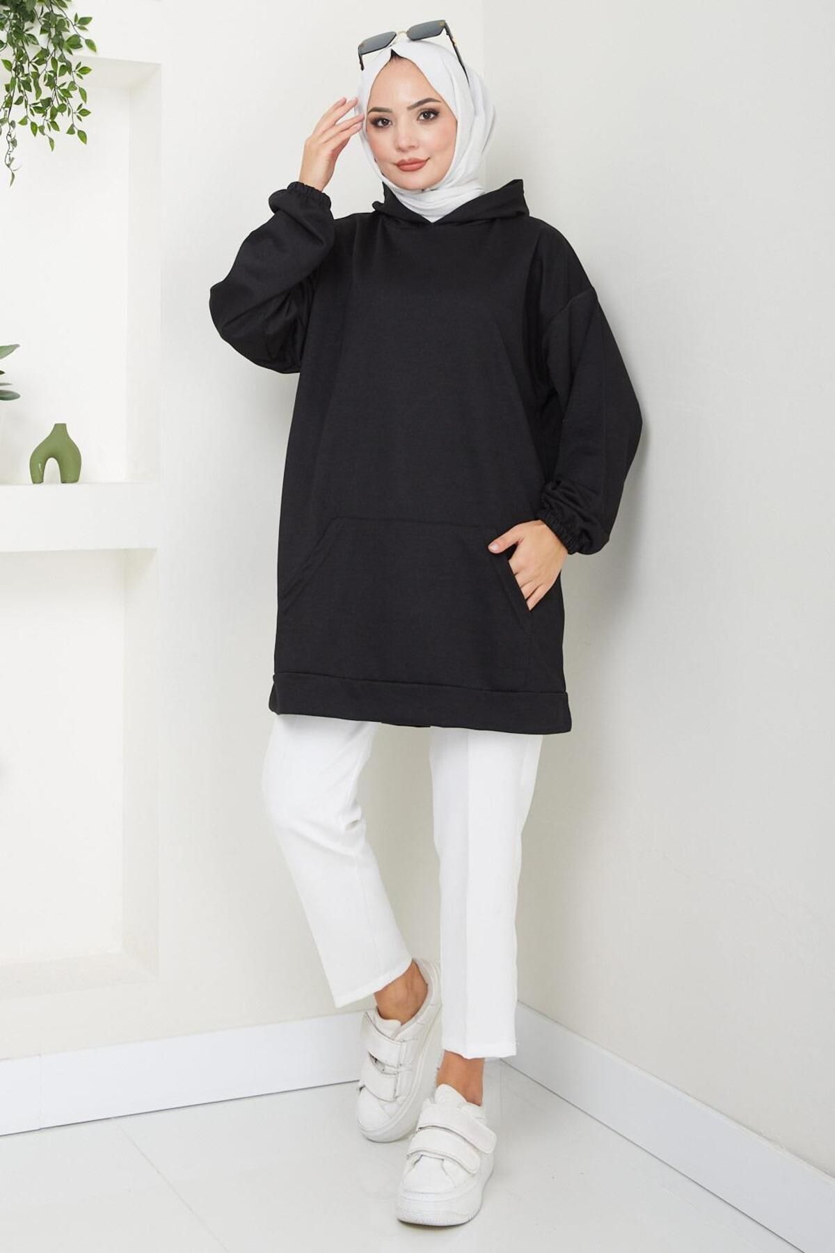 Kanguru Cepli Kapüşonlu Sweatshirt Tunik Siyah HM2510 Kanguru Cepli Kapüşonlu Sweatshirt Tunik Siyah HM2510