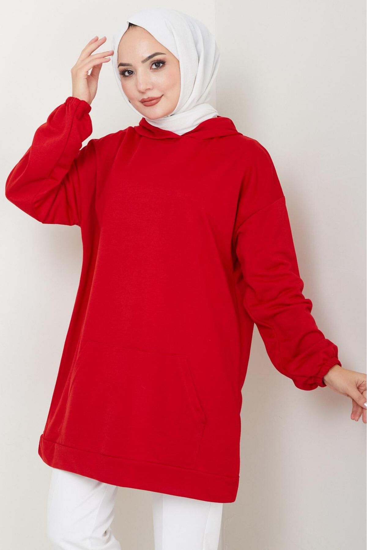 Kanguru Cepli Kapüşonlu Sweatshirt Tunik Kırmızı HM2510