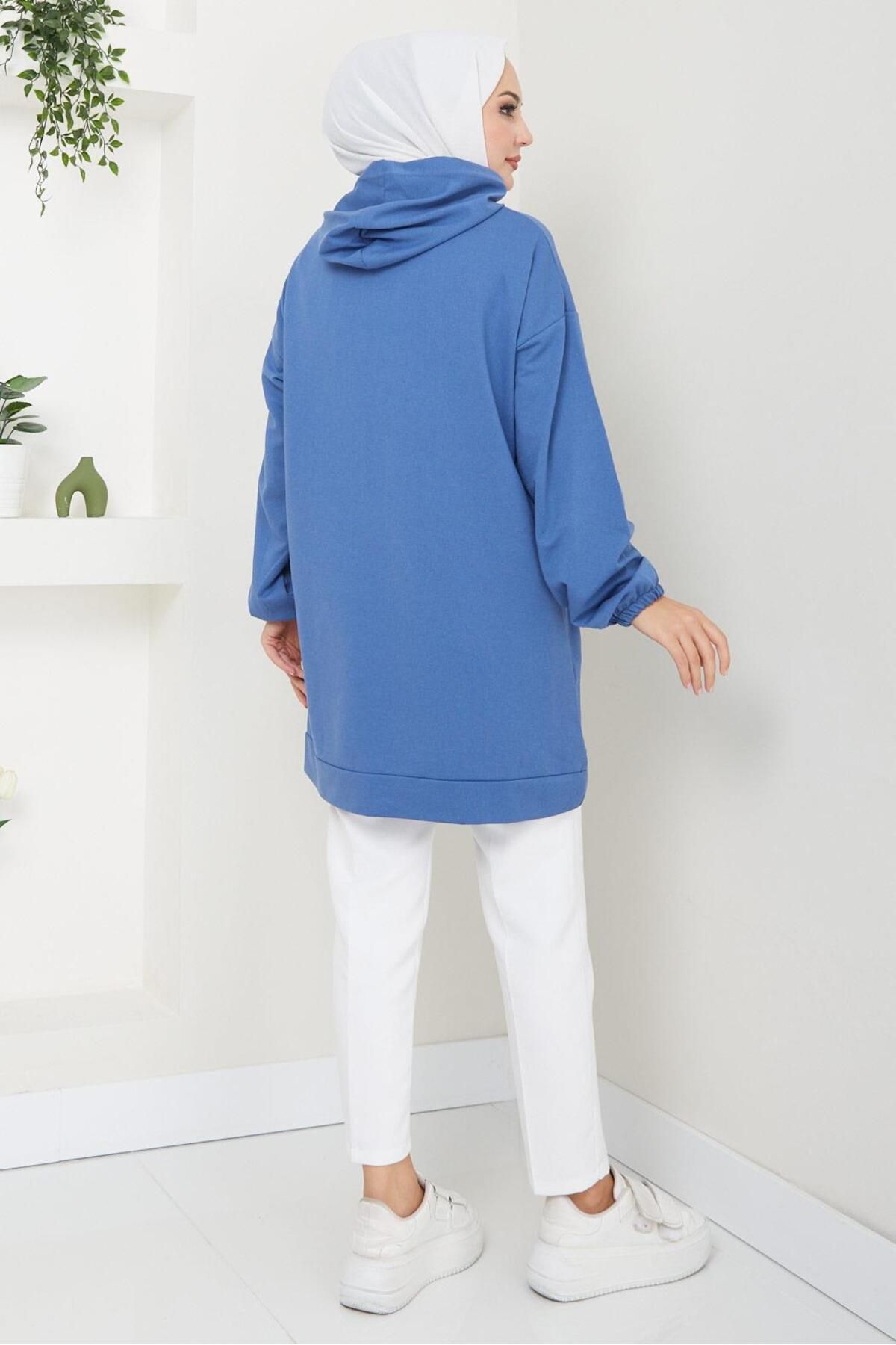 Kanguru Cepli Kapüşonlu Sweatshirt Tunik İndigo HM2510 Kanguru Cepli Kapüşonlu Sweatshirt Tunik İndigo HM2510