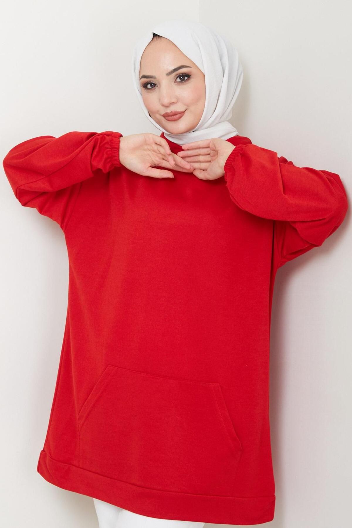 Kanguru Cepli Kapüşonlu Sweatshirt Tunik Kırmızı HM2510