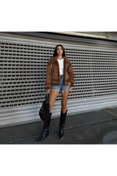 Taba Kontrast Kemerli Crop Süet Mont Taba Kontrast Kemerli Crop Süet Mont