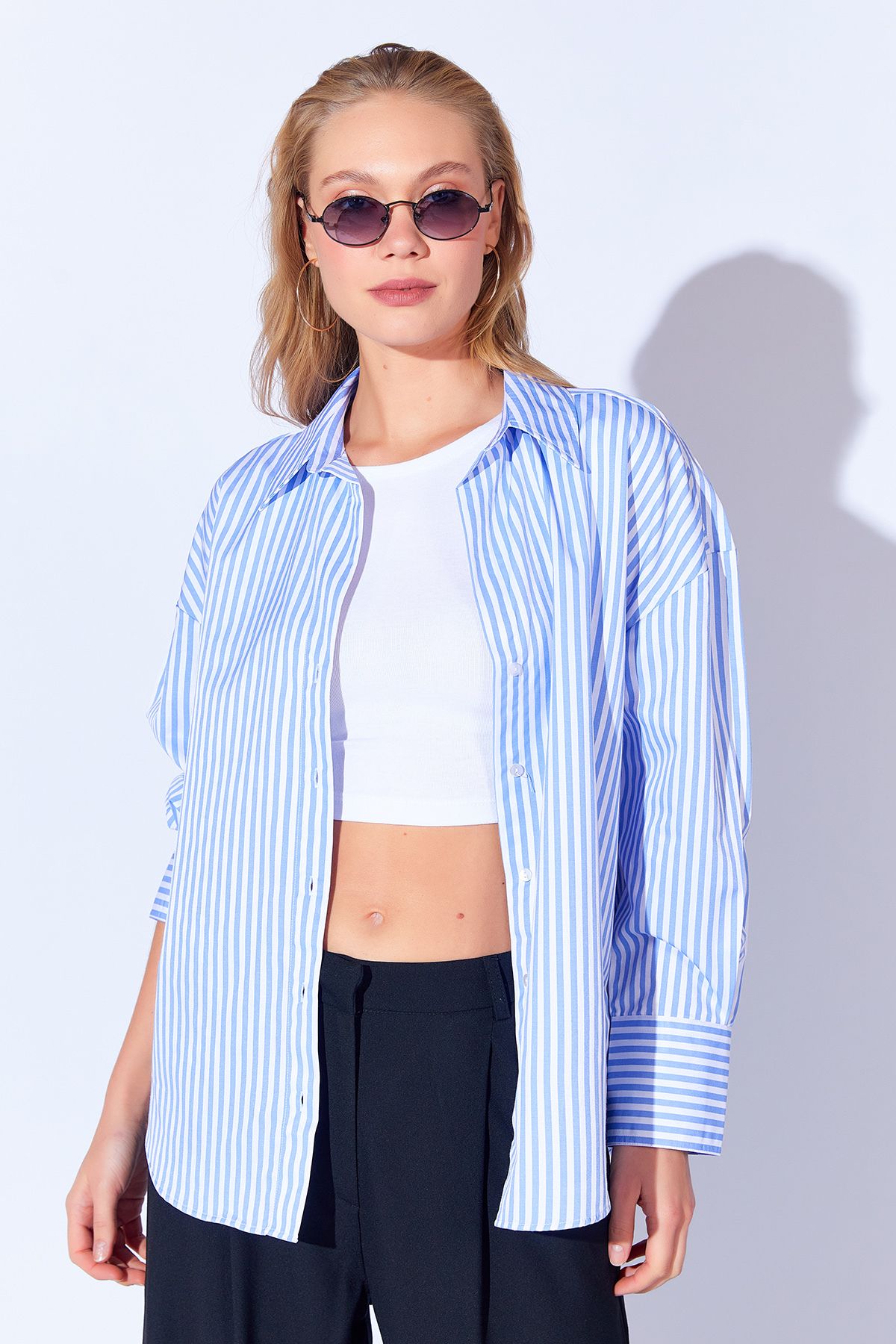 Mavi Çizgili Kadın Gömlek| Ek334858-7429 Mavi Çizgili Kadın Gömlek| Ek334858-7429
