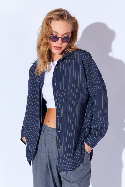 Modal Soft Dokulu Lüx Çizgili Rahat Kesim Kadın Gömlek | Lacivert MKW169403-01