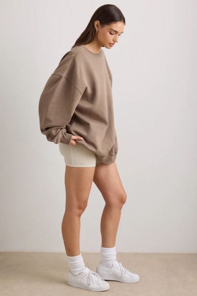 Kadın Oversize Kalın Şardonlu Yumuşak Bisiklet Yaka Sweatshirt Kahve Kadın Oversize Kalın Şardonlu Yumuşak Bisiklet Yaka Sweatshirt Kahve