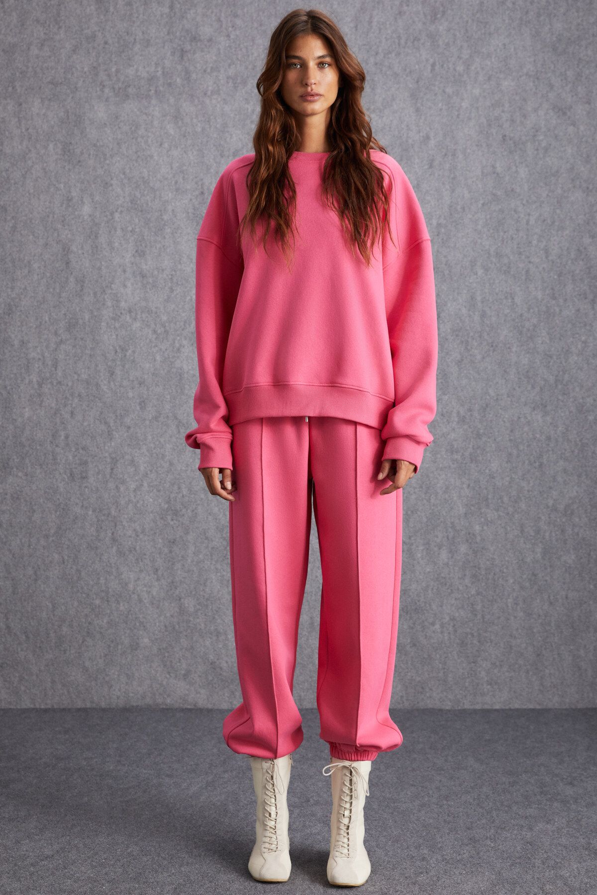 Nordıa Kadın Organik Pamuk 3 Iplik Örme Oversize Pembe Sweatshirt