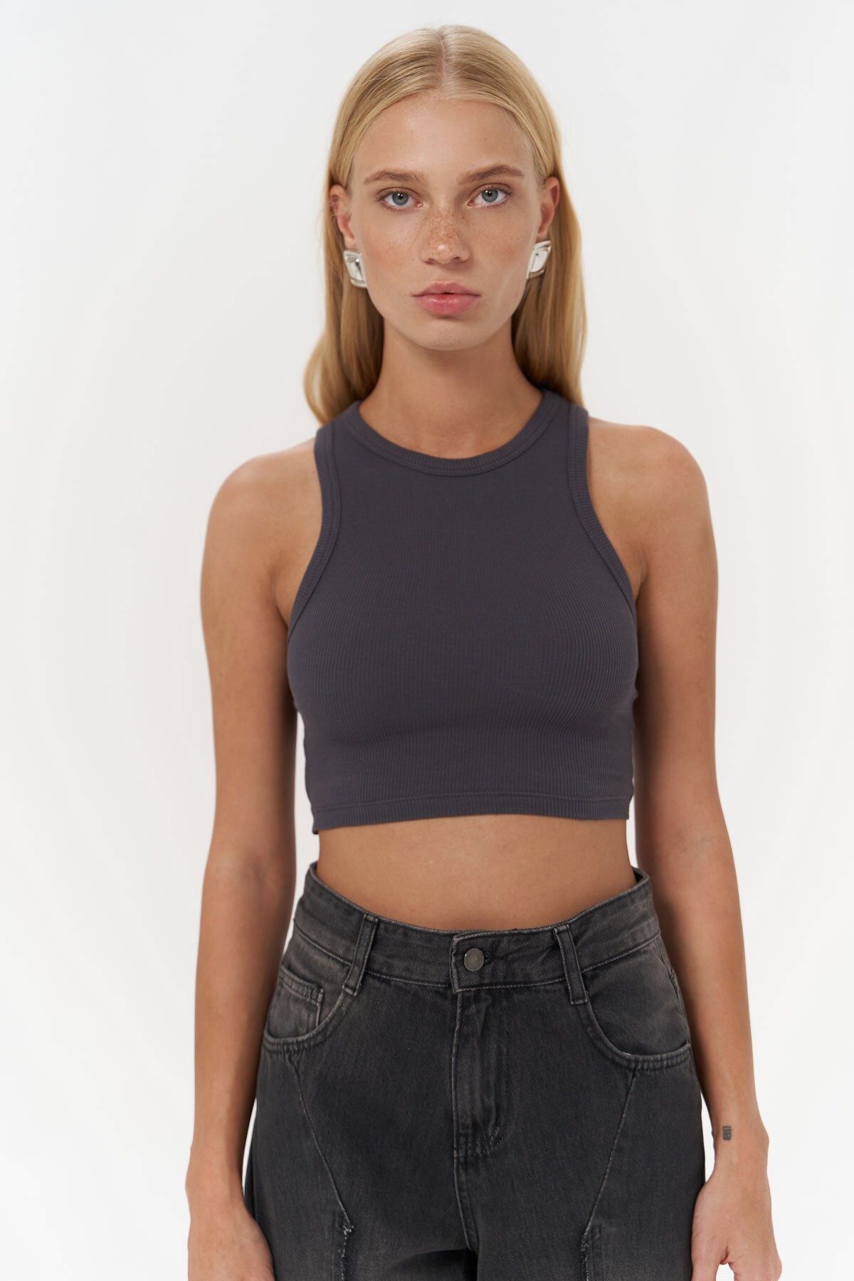 Mai Collection Fleur Fitilli Halter Yaka Antrasit Crop