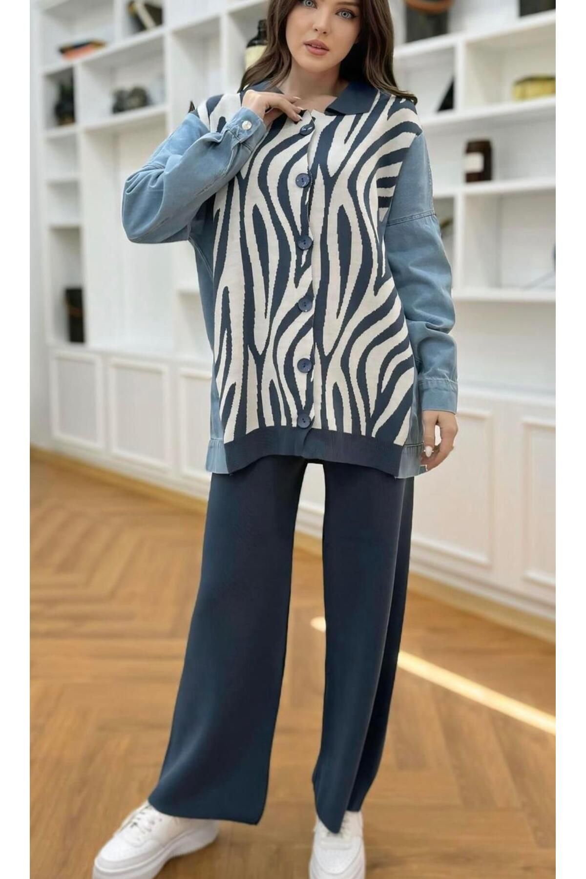 Premium Kalite Oversize Denim Kot Detaylı Düğmeli Triko Takım İkili Tasarım Triko Takım Premium Kalite Oversize Denim Kot Detaylı Düğmeli Triko Takım İkili Tasarım Triko Takım