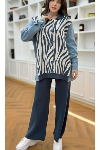 Premium Kalite Oversize Denim Kot Detaylı Düğmeli Triko Takım İkili Tasarım Triko Takım Premium Kalite Oversize Denim Kot Detaylı Düğmeli Triko Takım İkili Tasarım Triko Takım