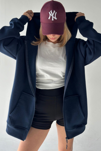 Lacivert Oversize Kalın Üç Iplik Fermuarlı Kapüşonlu Sweatshirt Lacivert Oversize Kalın Üç Iplik Fermuarlı Kapüşonlu Sweatshirt