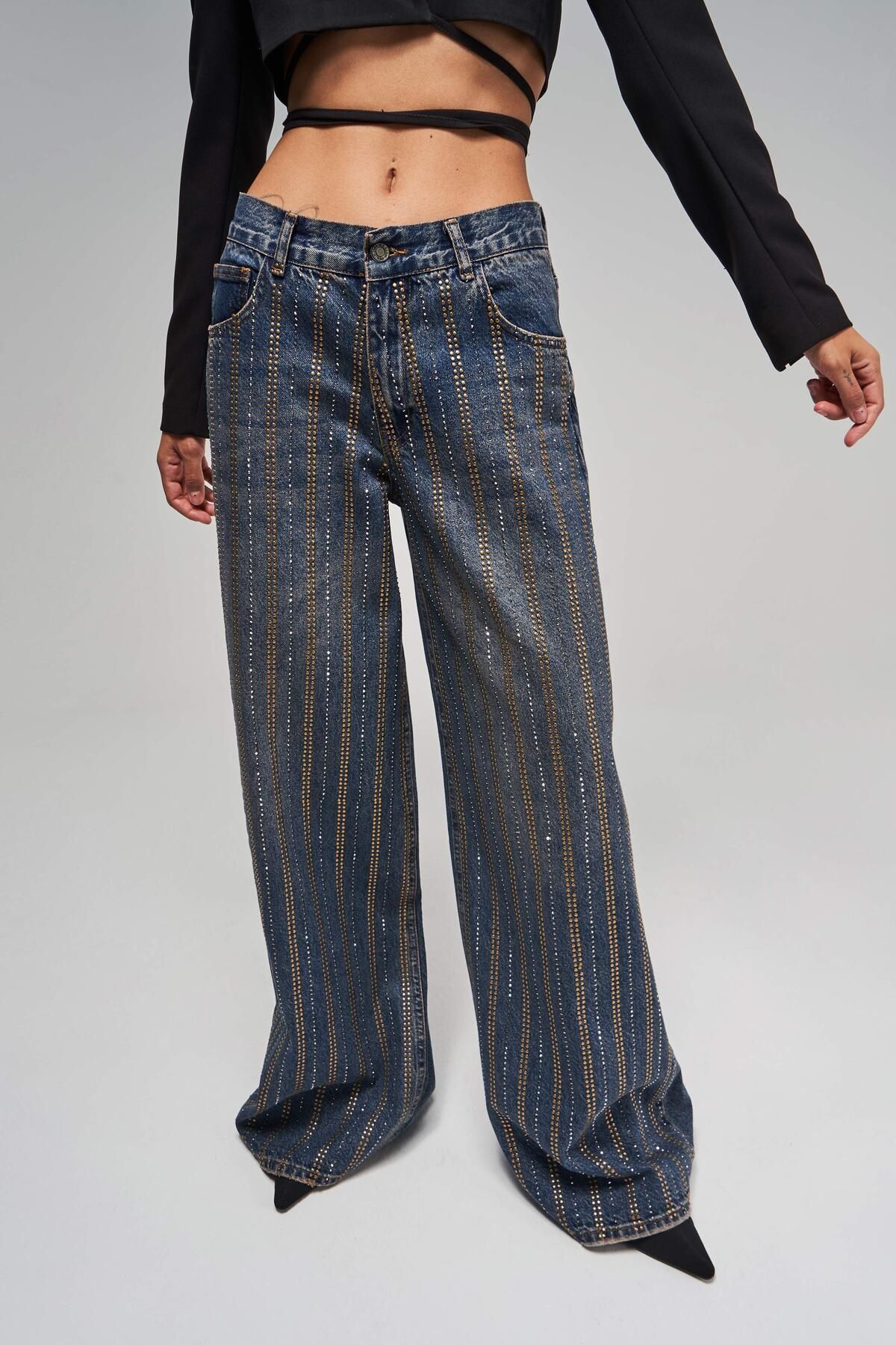 Kadın T.Kot Rengi Bronz ve Silver Taşlı Palazzo Fit Tasarım Denim Kadın T.Kot Rengi Bronz ve Silver Taşlı Palazzo Fit Tasarım Denim