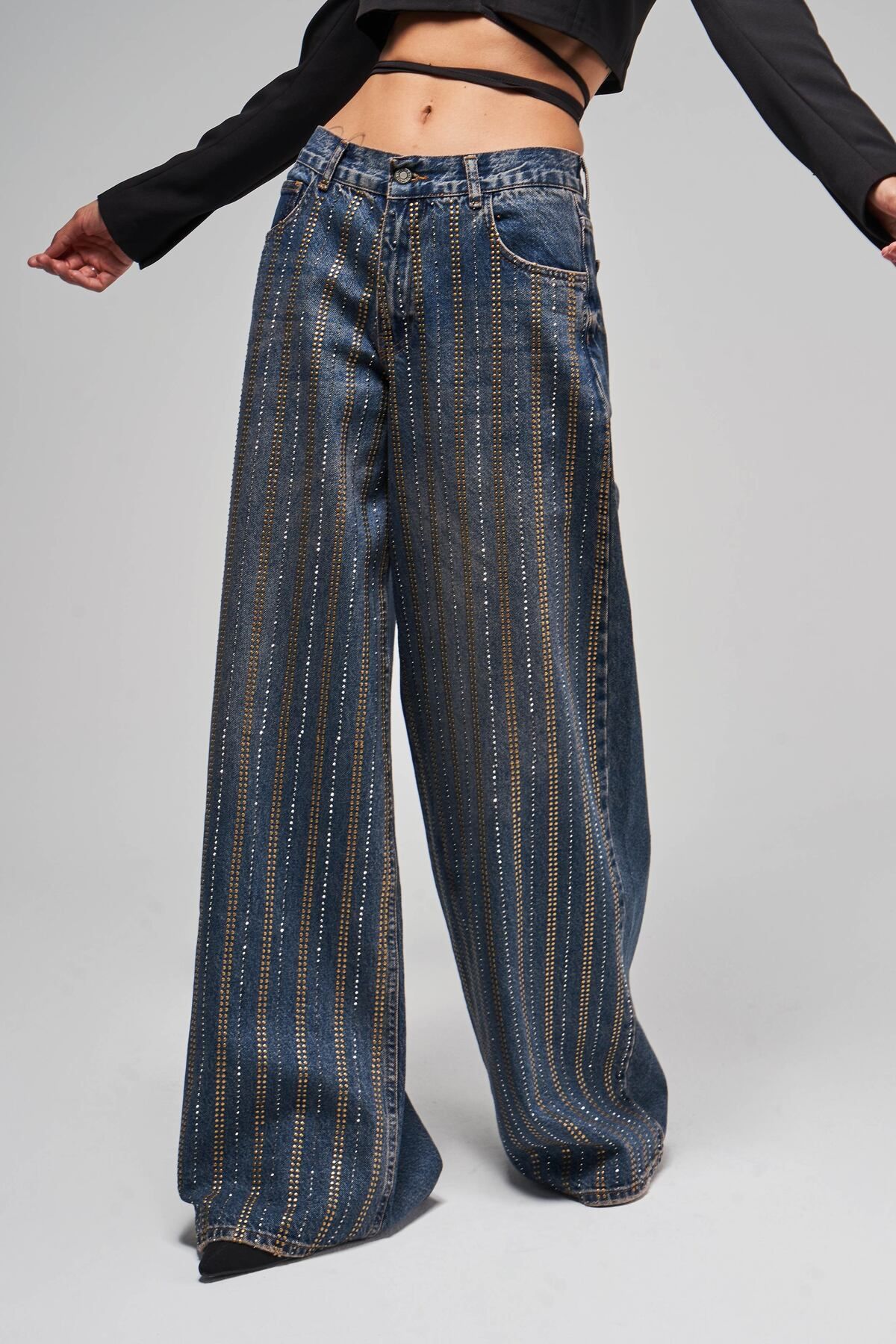 Kadın T.Kot Rengi Bronz ve Silver Taşlı Palazzo Fit Tasarım Denim Kadın T.Kot Rengi Bronz ve Silver Taşlı Palazzo Fit Tasarım Denim