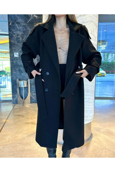 Kadın Siyah Düğmeli Kuşaklı Oversize Kaşe Kaban Kadın Siyah Düğmeli Kuşaklı Oversize Kaşe Kaban