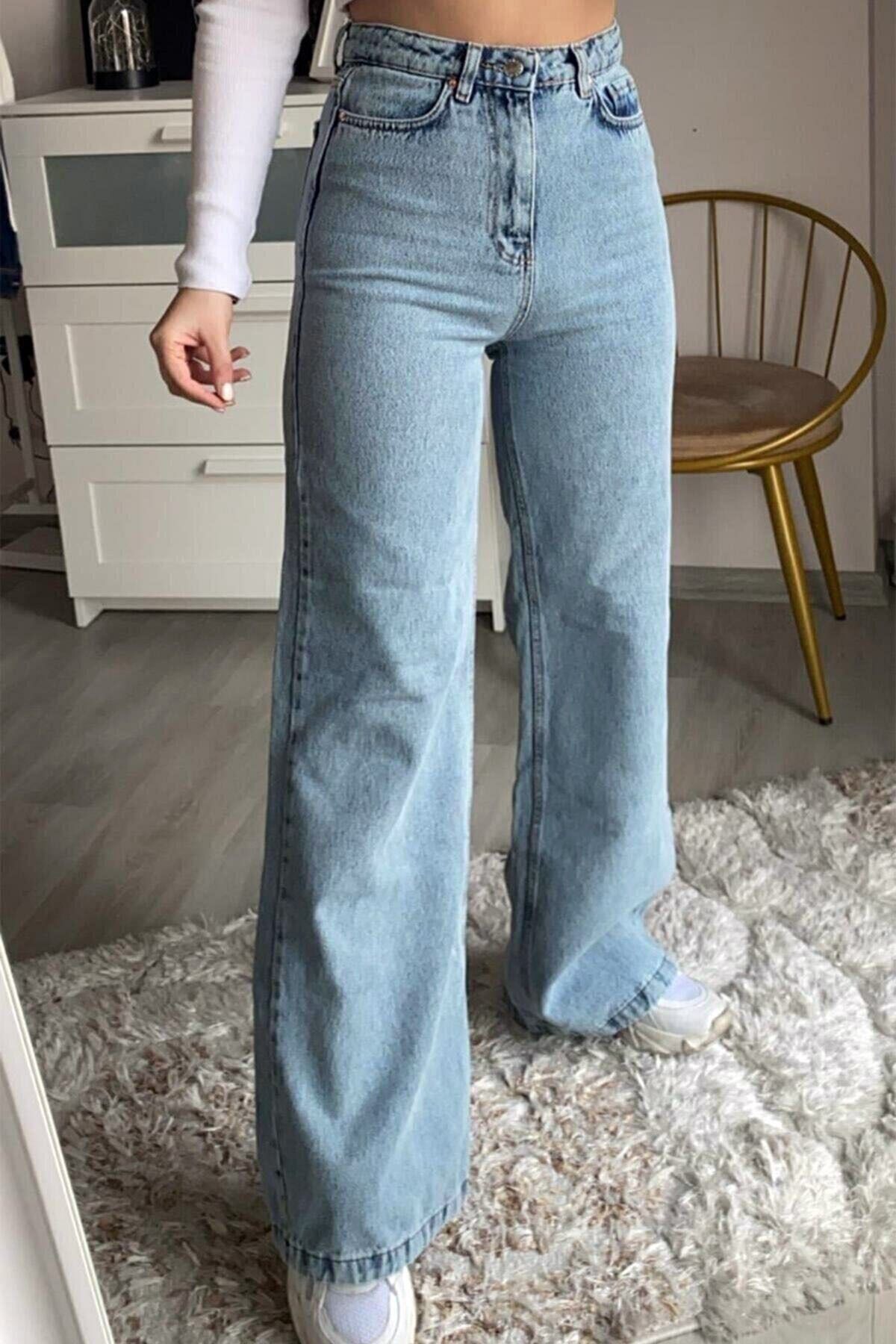 Kadın Pantolon Plazzo Wide Leg Kar Yıkamalı Yüksek Bel Geniş Paça Likralı BoyFriend Jean Kot