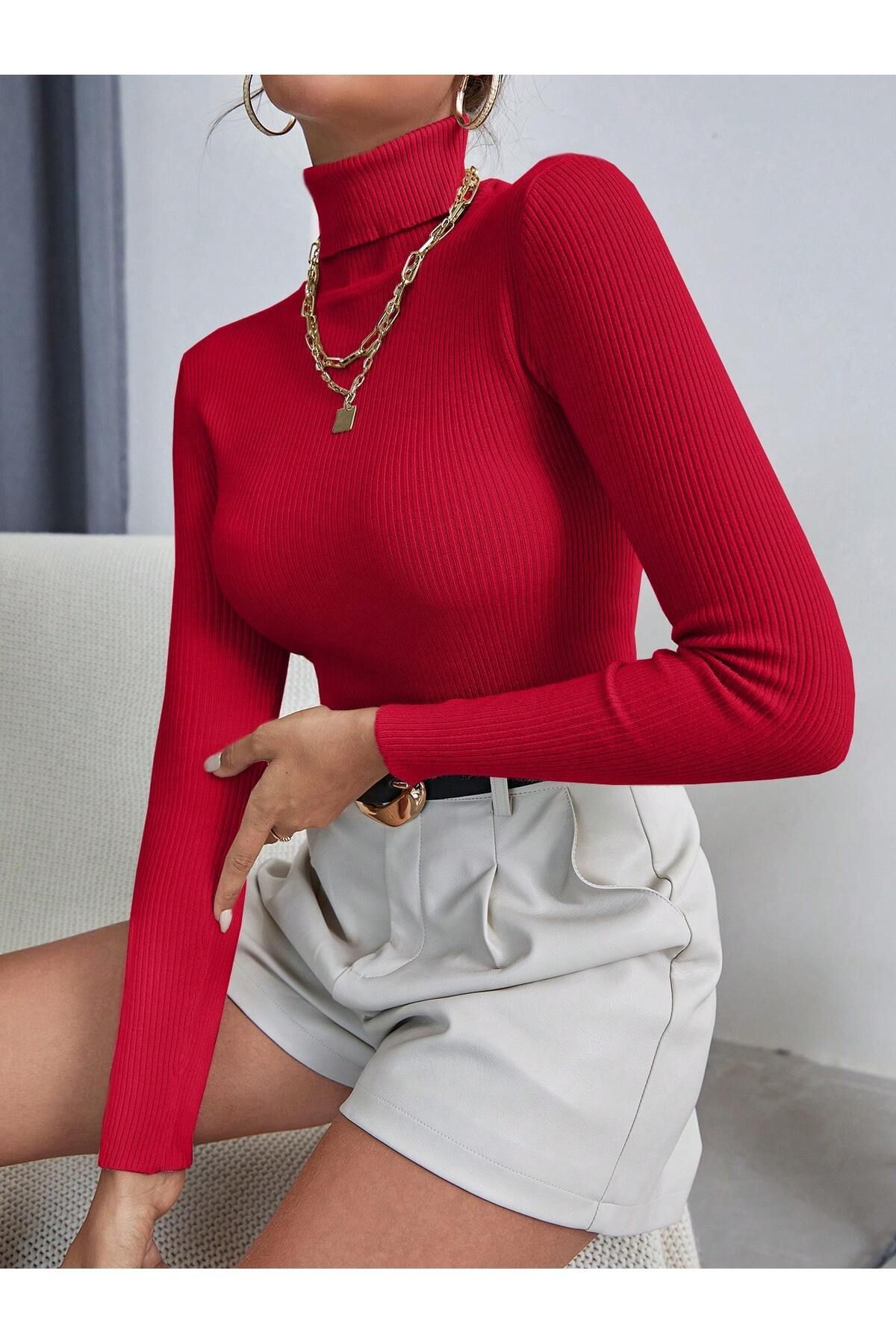 Unisex Kan Kırmızı Pamuklu Balıkçı Yaka Şardonlu Slimfit Boğazlı Kazak Unisex Kan Kırmızı Pamuklu Balıkçı Yaka Şardonlu Slimfit Boğazlı Kazak