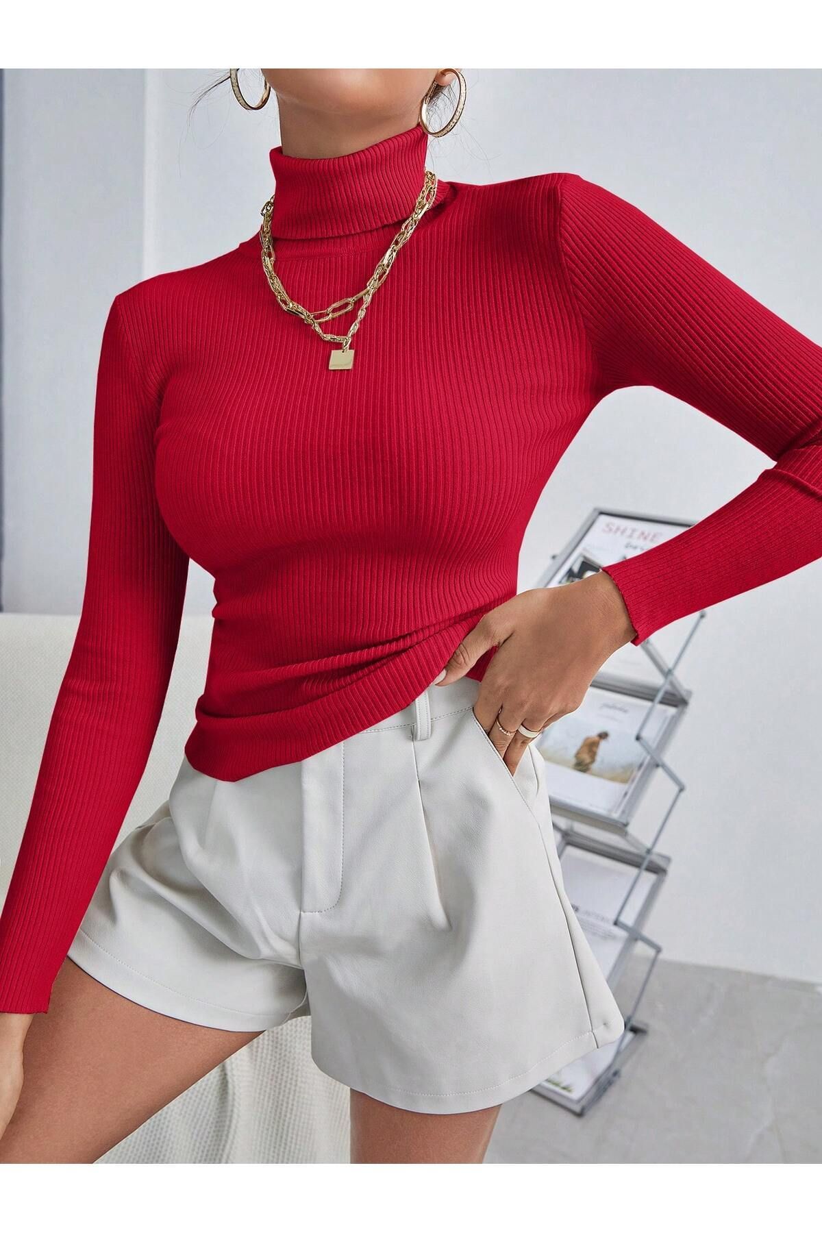 Unisex Kan Kırmızı Pamuklu Balıkçı Yaka Şardonlu Slimfit Boğazlı Kazak Unisex Kan Kırmızı Pamuklu Balıkçı Yaka Şardonlu Slimfit Boğazlı Kazak