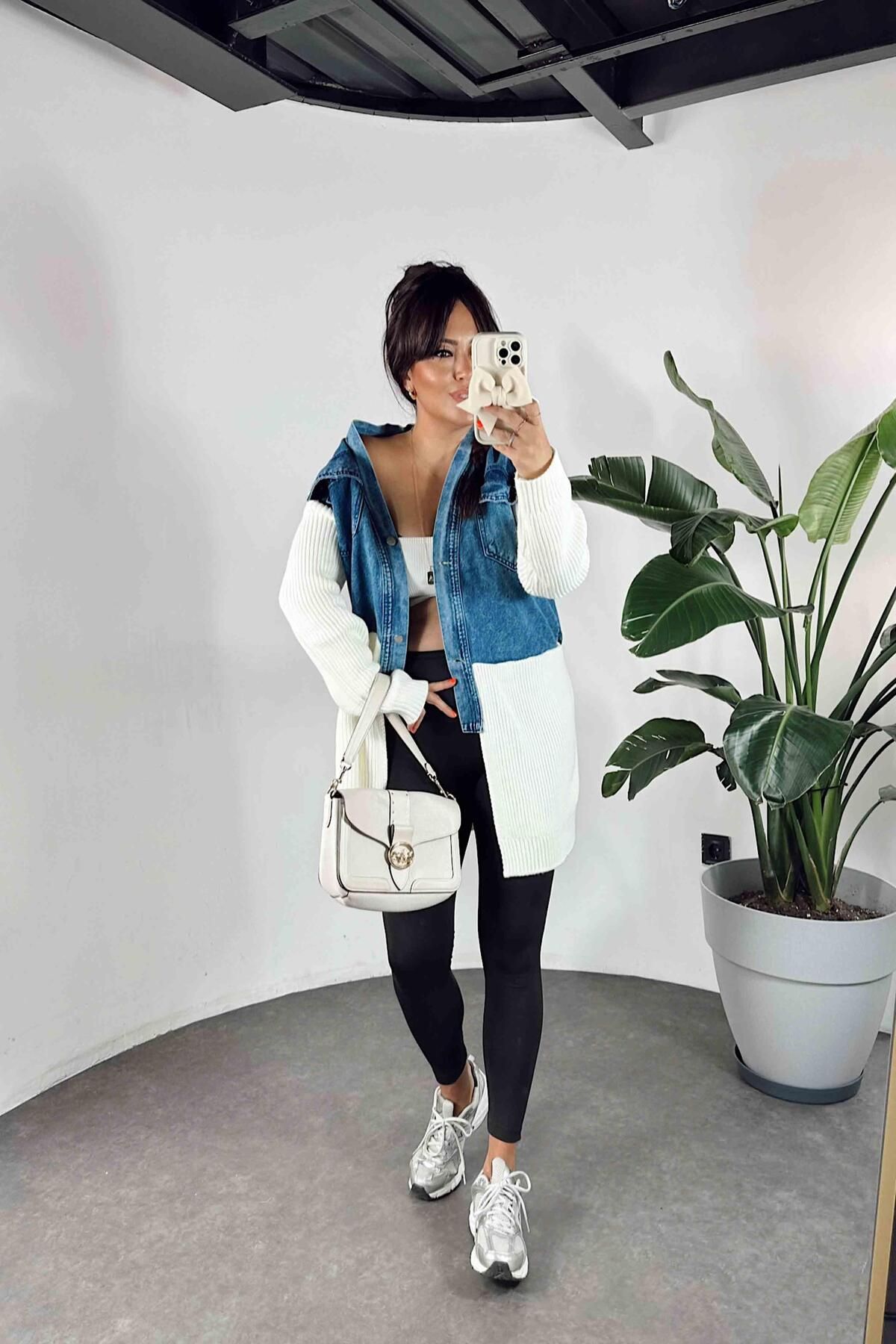 Kalın Örme Denim Detay Uzun Kadın Hırka Ekru Kalın Örme Denim Detay Uzun Kadın Hırka Ekru
