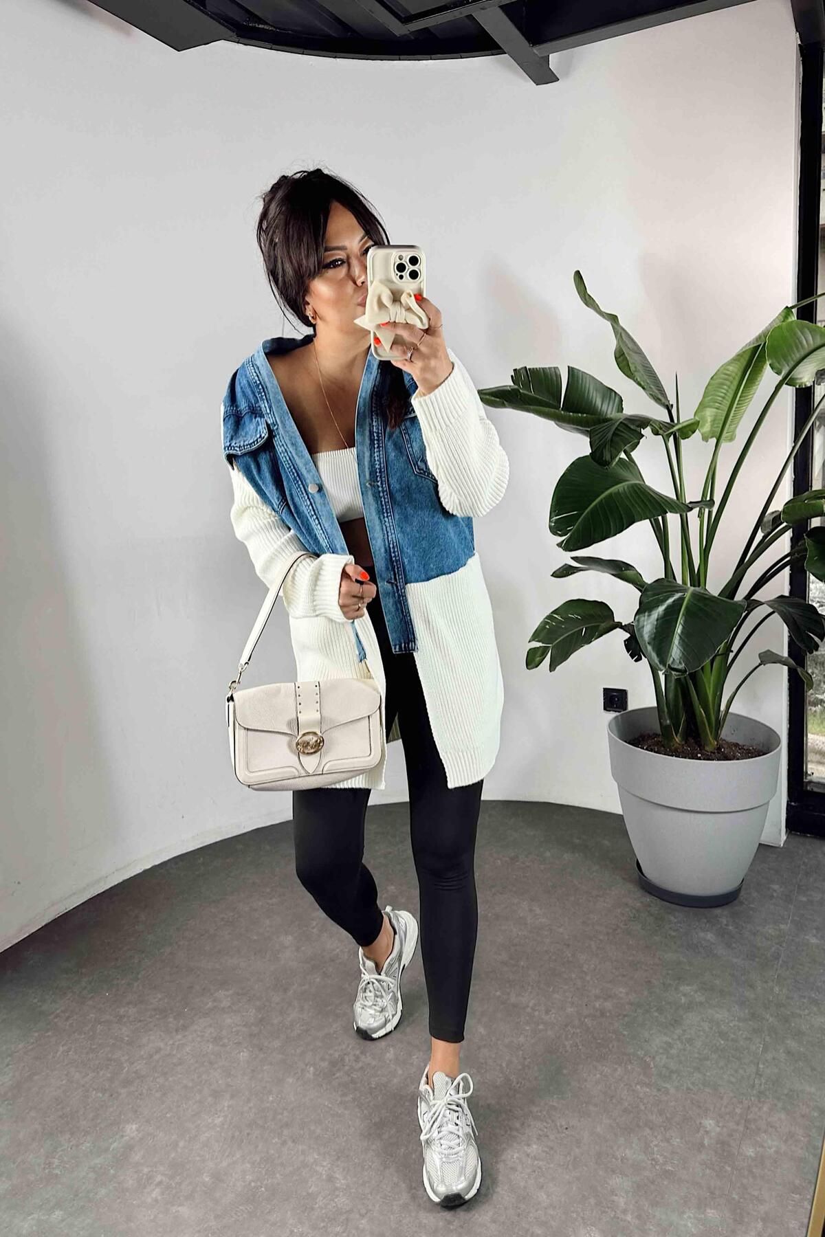 Kalın Örme Denim Detay Uzun Kadın Hırka Ekru Kalın Örme Denim Detay Uzun Kadın Hırka Ekru