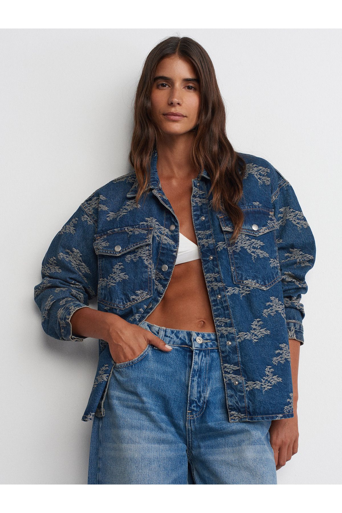 50739 Jakarlı Oversize Denim Gömlek-Tint