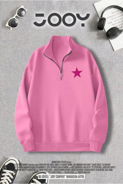 Yarım Fermuarlı Yıldız Baskılı Pembe Kadın Sweatshirt Yarım Fermuarlı Yıldız Baskılı Pembe Kadın Sweatshirt