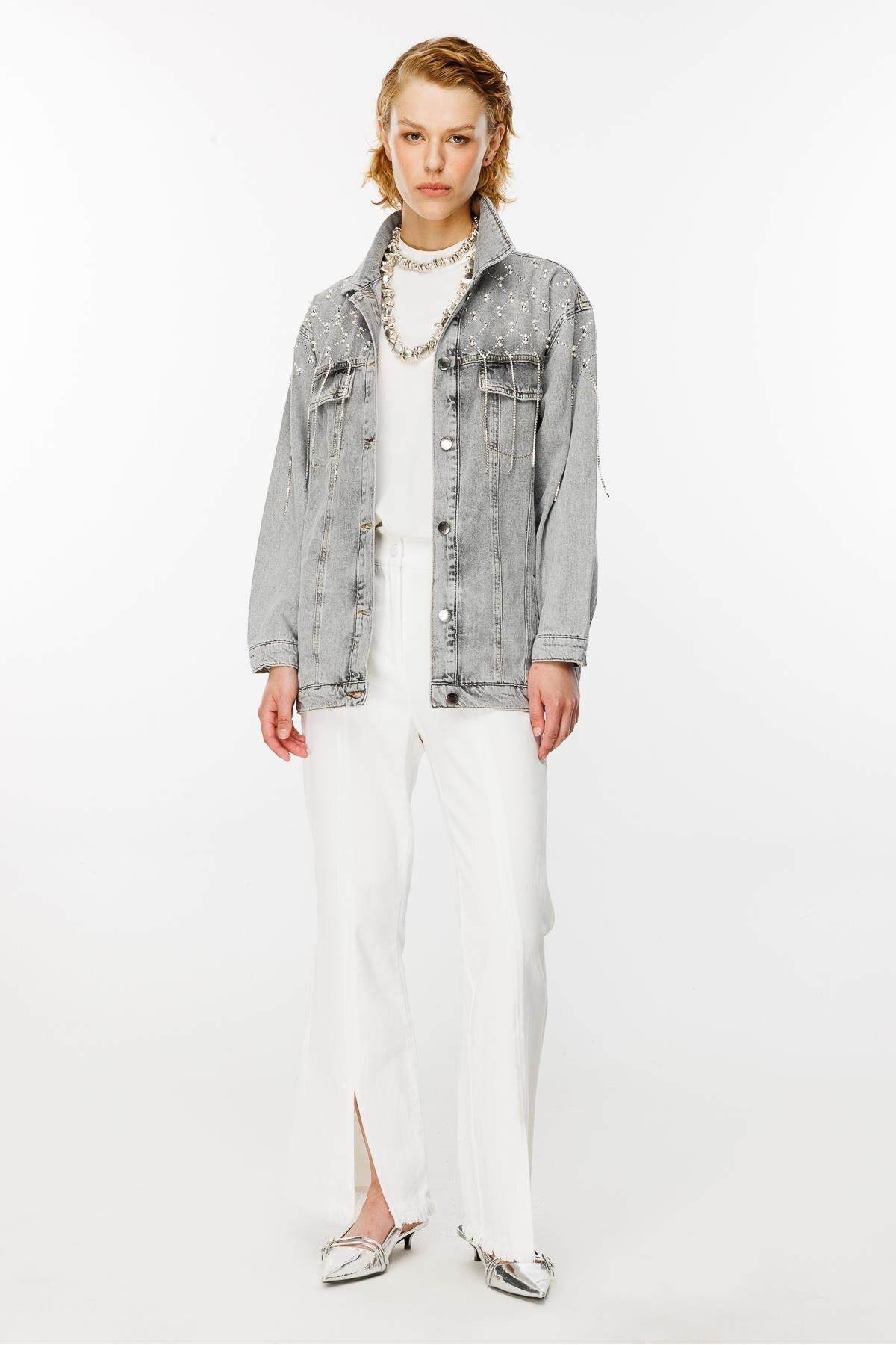 Taş Detaylı Jean Ceket GRİ Taş Detaylı Jean Ceket GRİ