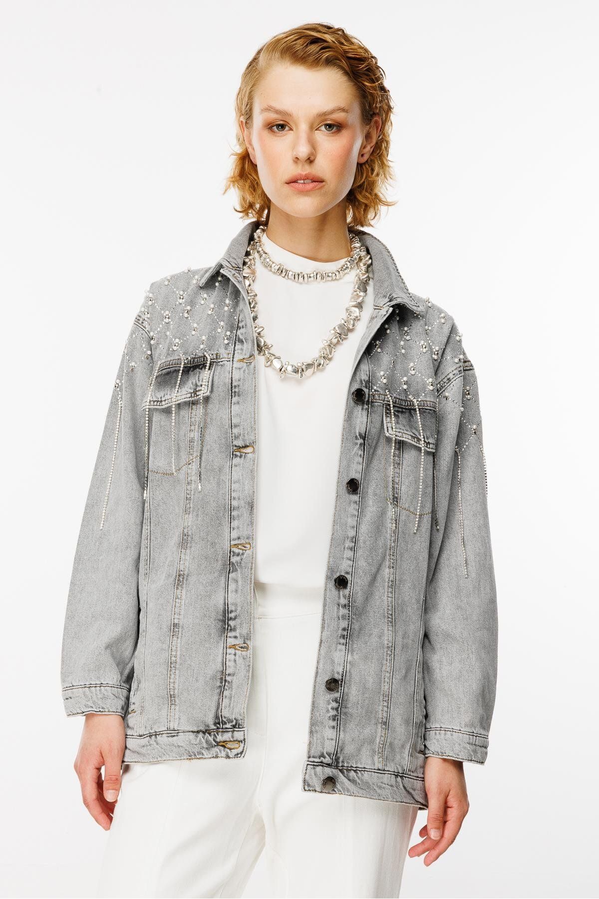 Taş Detaylı Jean Ceket GRİ Taş Detaylı Jean Ceket GRİ