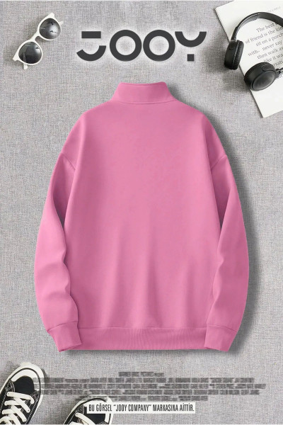 Yarım Fermuarlı Yıldız Baskılı Pembe Kadın Sweatshirt Yarım Fermuarlı Yıldız Baskılı Pembe Kadın Sweatshirt