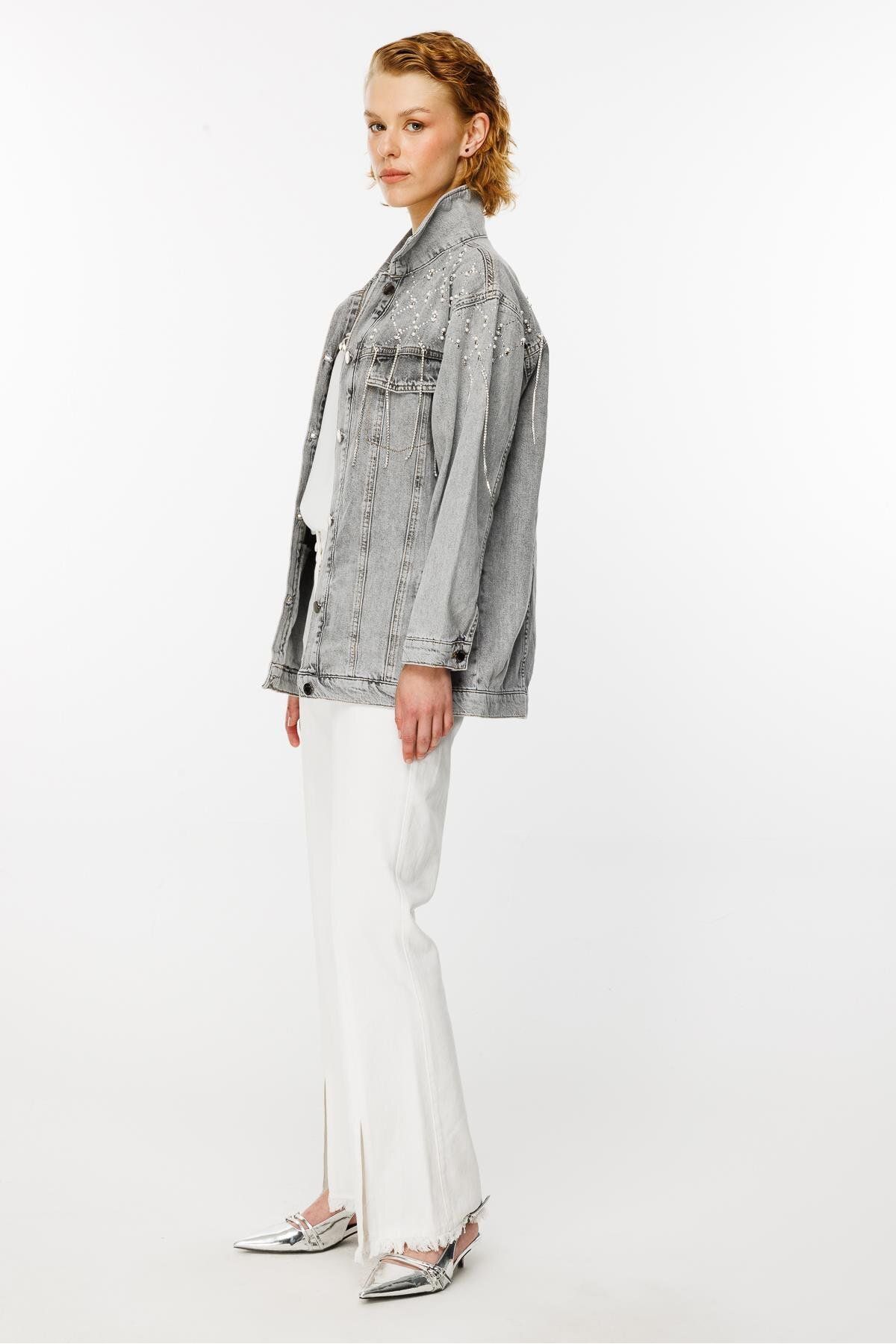 Taş Detaylı Jean Ceket GRİ Taş Detaylı Jean Ceket GRİ