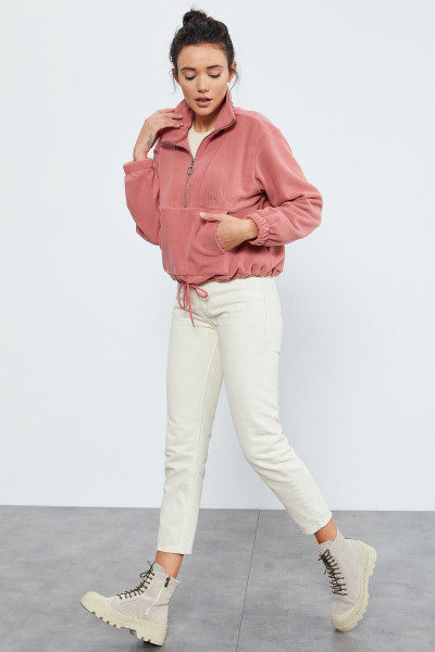 Yaban Gülü Yarım Fermuar Etek Ucu Büzgülü Kadın Polar Oversize Sweatshirt - 97171 Yaban Gülü Yarım Fermuar Etek Ucu Büzgülü Kadın Polar Oversize Sweatshirt - 97171