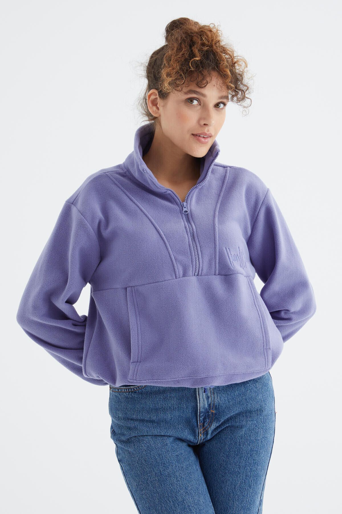 Açık Eflatun Yarım Fermuar Etek Ucu Büzgülü Kadın Polar Oversize Sweatshirt - 97171