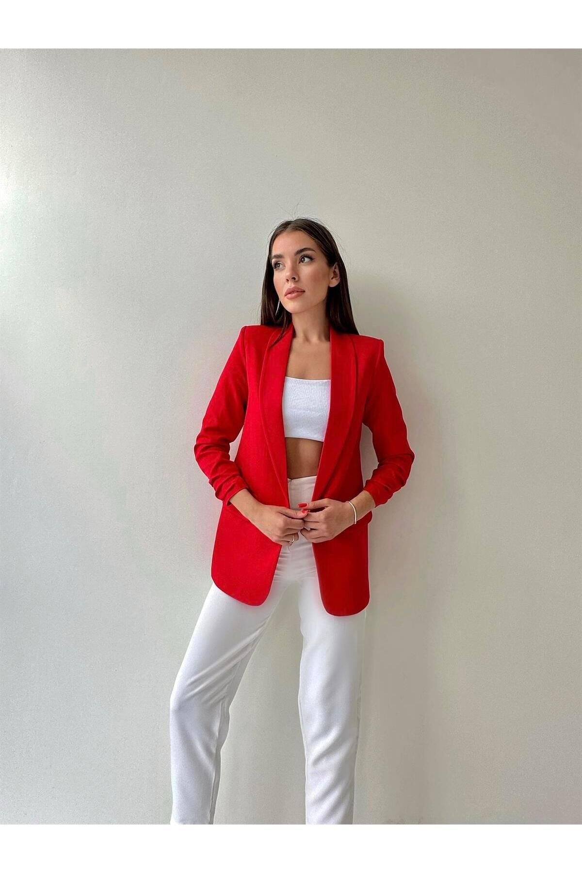 Kolu Büzgülü Blazer Ceket Kırmızı Kolu Büzgülü Blazer Ceket Kırmızı