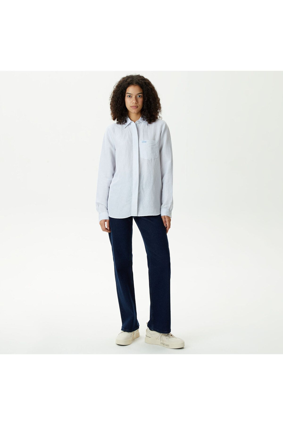 Kadın Relaxed Fit Çizgili Mavi Gömlek Kadın Relaxed Fit Çizgili Mavi Gömlek