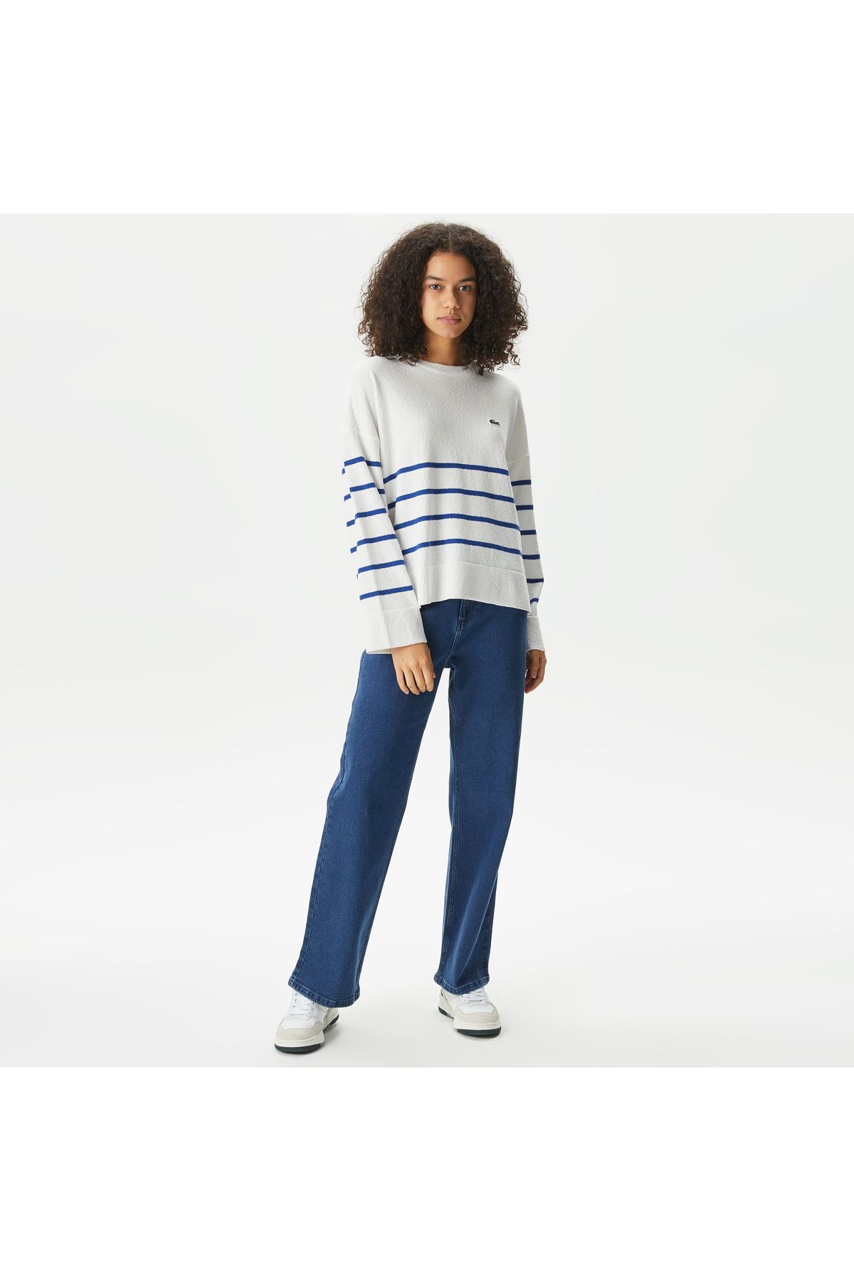 Kadın Relaxed Fit Bisiklet Yaka Çizgili Beyaz Triko Kadın Relaxed Fit Bisiklet Yaka Çizgili Beyaz Triko