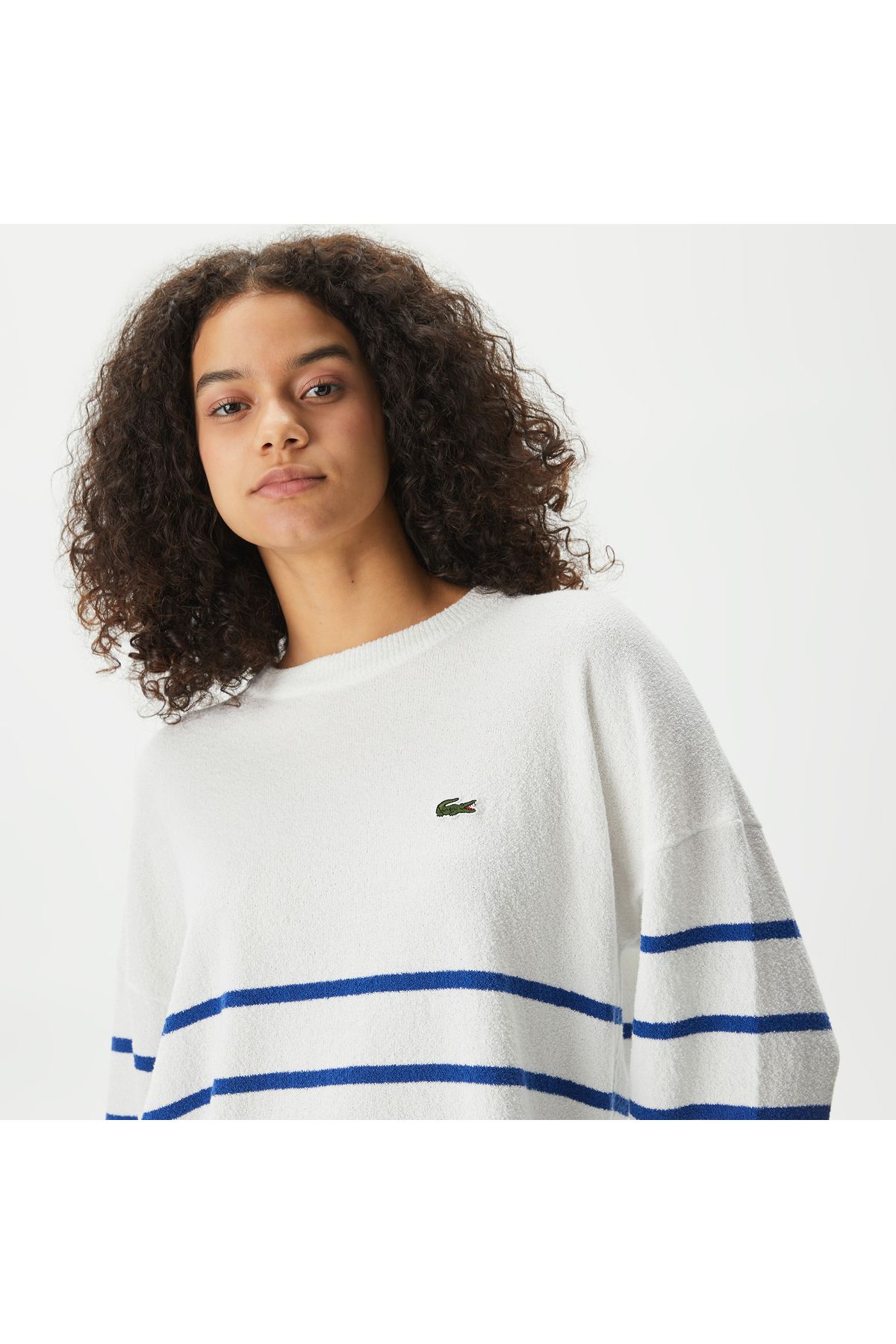Kadın Relaxed Fit Bisiklet Yaka Çizgili Beyaz Triko Kadın Relaxed Fit Bisiklet Yaka Çizgili Beyaz Triko
