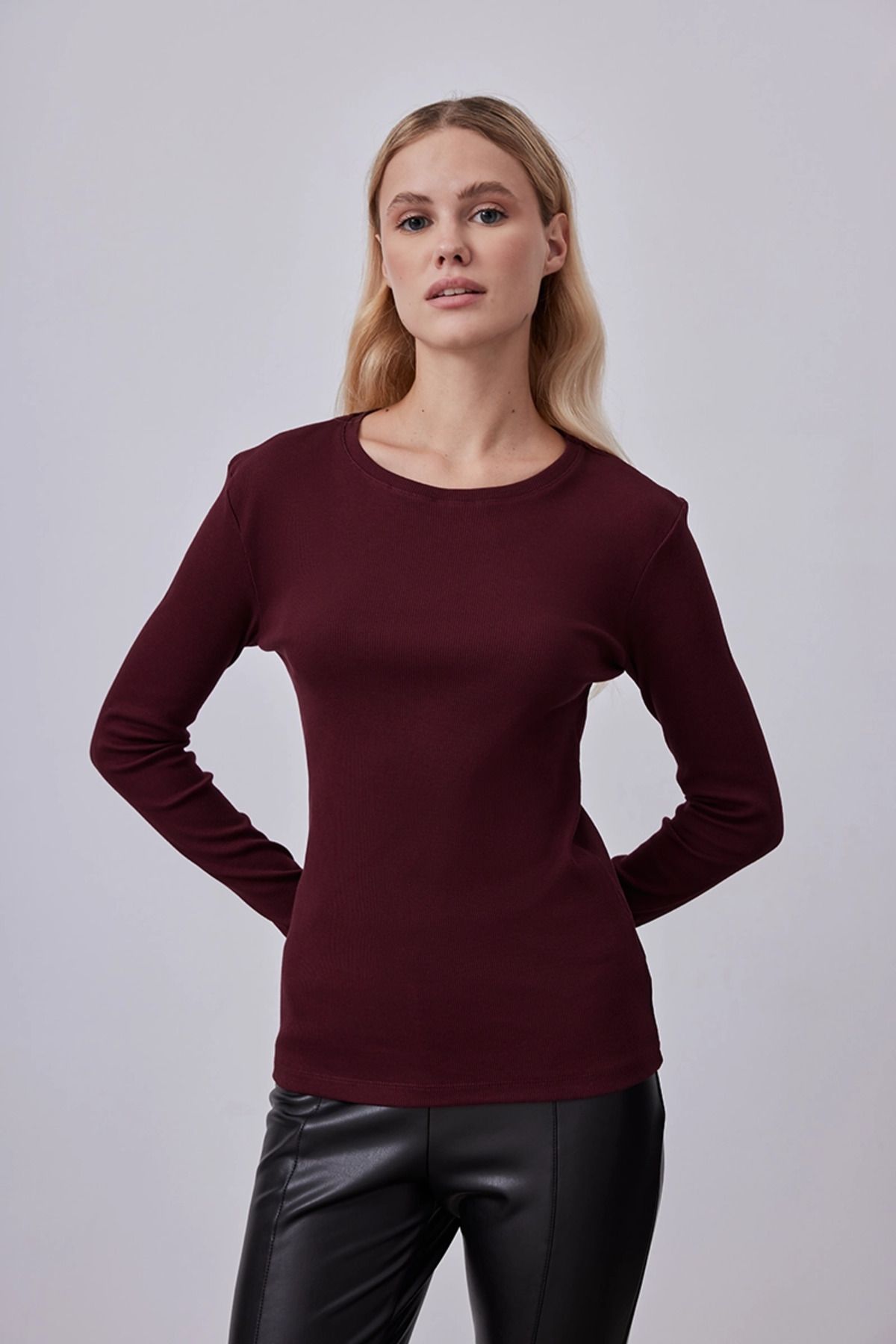 Uzun Kollu Basic Pamuk Tshirt - Bordo Uzun Kollu Basic Pamuk Tshirt - Bordo