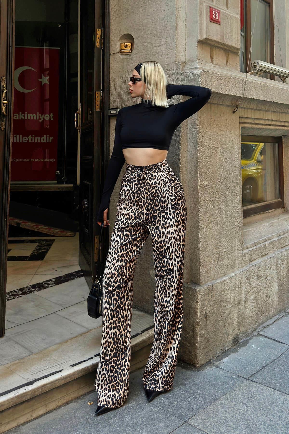 Sarı Pix Leopar Desenli Cepli Pileli Yüksek Bel Kadın Palazzo Pantolon Sarı Pix Leopar Desenli Cepli Pileli Yüksek Bel Kadın Palazzo Pantolon