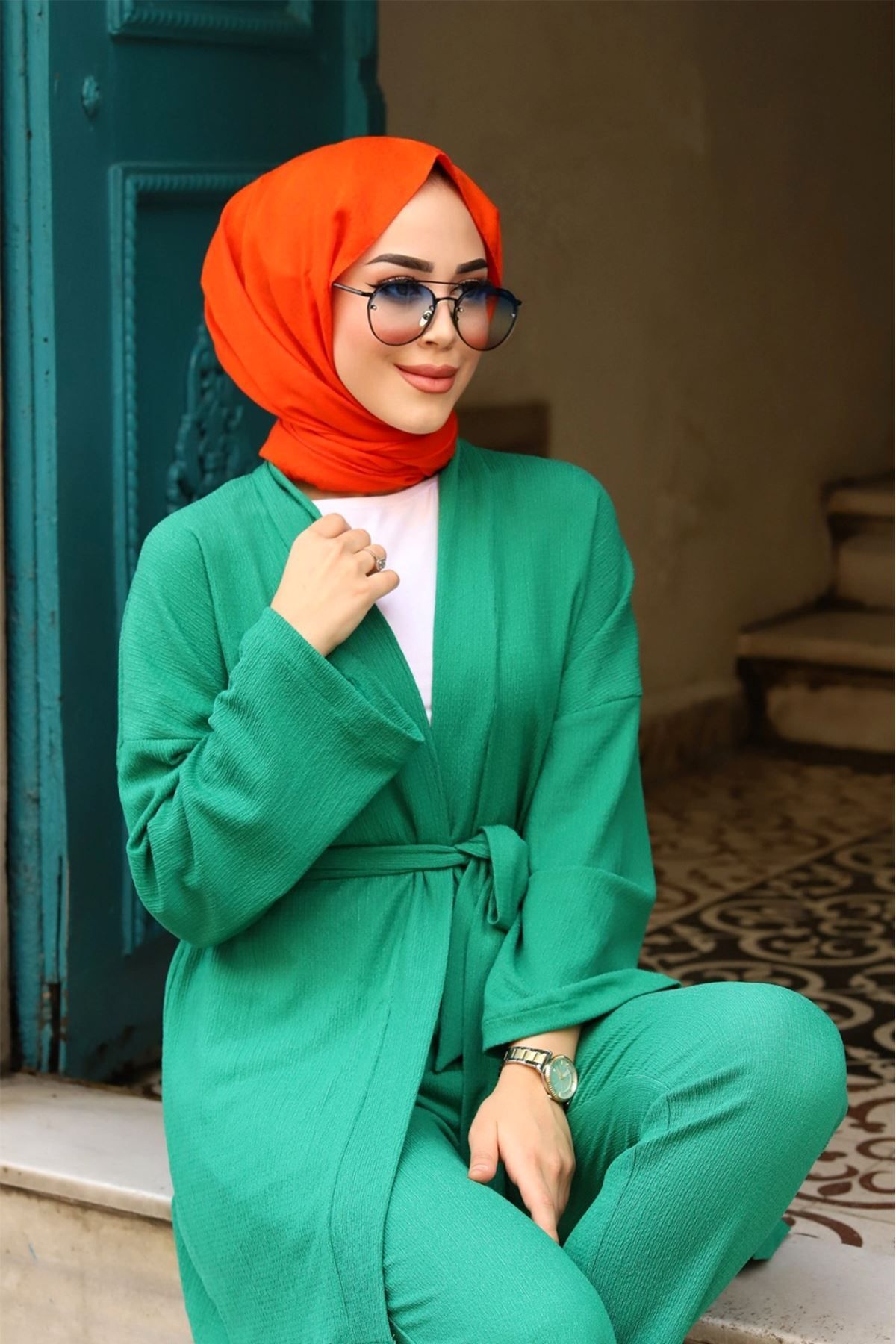 Kuşaklı Detaylı Tesettür Kimono Takım Kuşaklı Detaylı Tesettür Kimono Takım