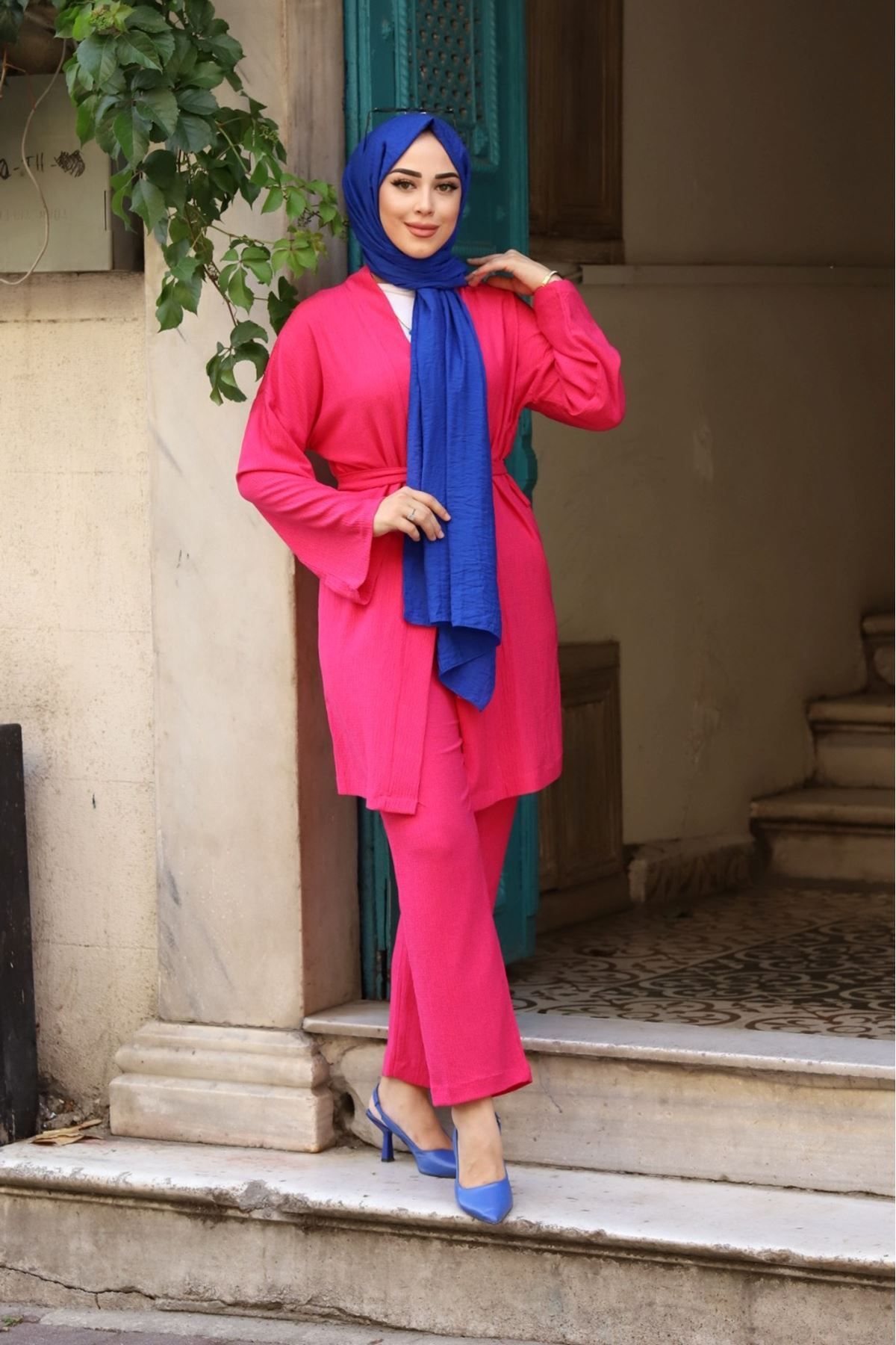 Kuşaklı Detaylı Tesettür Kimono Takım Kuşaklı Detaylı Tesettür Kimono Takım